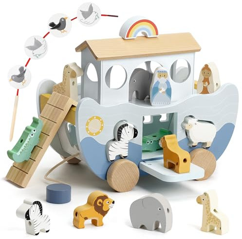 Joyreal Arche Noah Holz - Taufgeschenke für Mädchen Jungen Kinder, Geschenk Taufe, Montessori Spielzeug Lernspielzeug mit Bauernhof Spielzeug Sortier Stapel