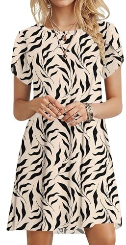 PLOKNRD Sommerkleid Damen Blütenblatt Ärmel T-Shirt Kleid Rundhals Blumenmuster Freizeitkleid Leicht und Luftig mit Taschen(Aprikosen Schwarzes Blatt,XL