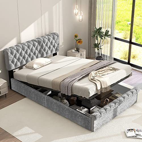 FEZTOY Polsterbett 90x200 cm, Einzelbett mit Hydraulisch Stauraum, Bettgestell mit Verstellbares Kopfteil, Continentalbett für Erwachsene & Jugendliche, Schneeflockensamt, Grau