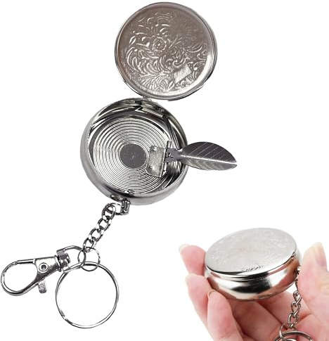 Round Metal Portable Ashtray with Secure Lid and Keyring | Lightweight portable pocket ashtray with keyring; compact pocket ashtray for travel, walking, hiking and outdoor use.