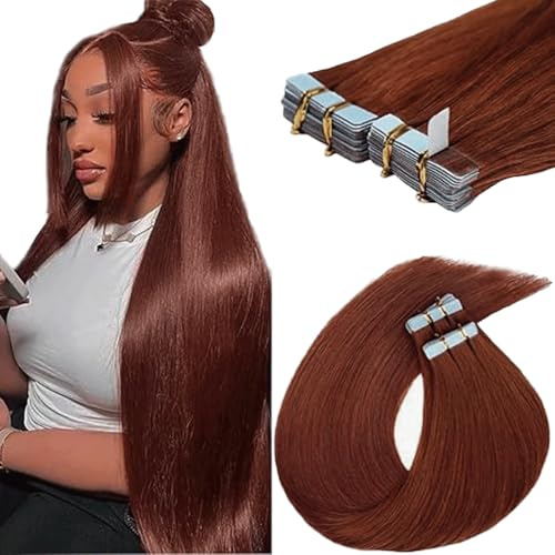 WuvuSnm Tape In Extensions Echthaar Human Hair Straight Invisible Extensions #33 Reddish Brown Color 12 Zolls 20 Pièces/50g Haarverlängerung Echthaar for Women Minimal Smell Low Shedding
