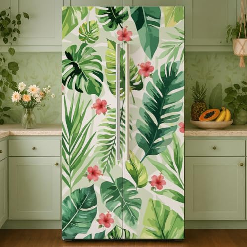 GOMAKERER 2 Pcs Tropical Plants Door Refrigerator Wraps, Self-Adhesive Refrigerator Wrap Set Removable Fridge Sticker Fridges Panel Cover Sticker for Kitchen Bar Decor, 41.5 x 200 cm