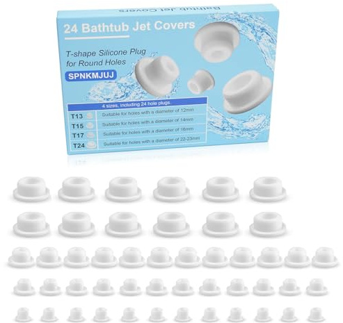 Bathtub Jet Covers, Silicone Hole Plug for Jetted Tub & Jacuzzi, White Waterproof Tub Plugs Fit 12mm/14mm/16mm/22-23mm Holes (4 Sizes)
