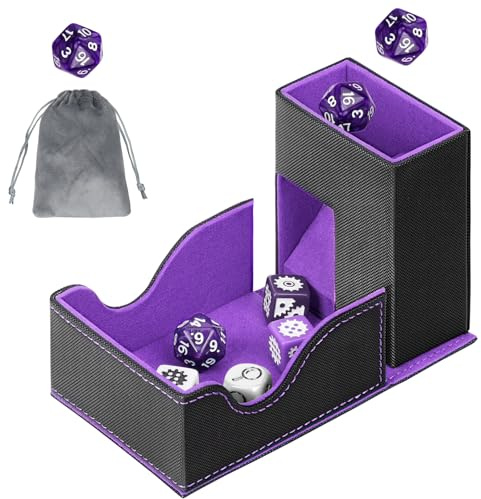 Jaffzora 3-in-1 Faltbarer Würfelturm & magnetische Würfelaufbewahrungsbox, Premium Leder Würfelorganisator mit U-Nut für D&D, MTG, RPG und Tabletop-Spiele, Schwarz und Violett