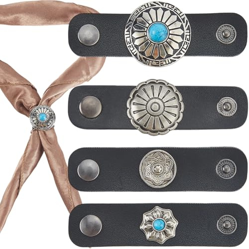 CALFOVERA 4 Stück Schalhalterschnalle Aus PU Leder Mit Blumen Türkis 4 Stile Handgefertigt Vintage Muster Western Bandana Schalring Einfarbig Bandana Halstuch Schiebeverschluss Für Kopftuch