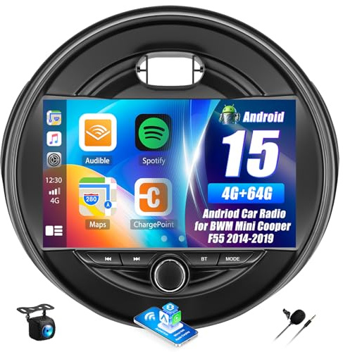 4G+64G Android 15 Car Stereo for BWM Mini Cooper F55 2014-2019 9 Inch Touch Screen with CarPlay Android Auto Mirror Link UI Bluetooth FM GPS Navigation WiFi FM SWC Shot Cut Backup Camera MIC