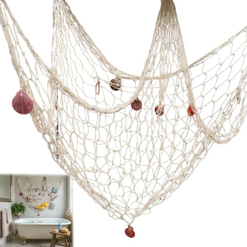 Decorative Fishing Net 1M x 2M with Sea Shells, Nautical Ornaments for Home Bedroom, Mediterranean Party Decor