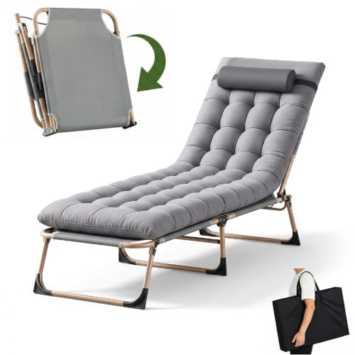LSBIKE Sonnenliege Klappbar, Leicht Liegestuhl Gartenliege mit Klapptaschen, Gästebett mit Matratze und Kopfkissen, 4 Positionen Verstellbares Tragbares Multifunktions Campingliege (Grau 1 Stück)