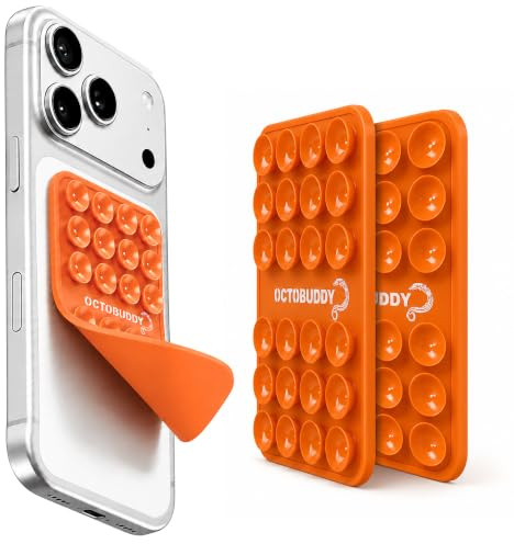 OCTOBUDDY - Silicone Suction Phone Case Adhesive Mount - Silicon Sticky Phone Grip with Higher Suction Power - Hands-Free, Strong Grip Holder for Selfies and Videos - Pack of 1 (Orange, Large)