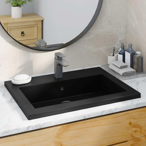 Vasca in granito nero 600 × 450 × 120 mm con troppopieno, lavabo da appoggio in resina al quarzo, resistente al calore, per bagno, bagno, bagno, bagno, toilette, design moderno