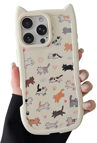 VCGFJD for iPhone 16 Pro Phone Case, Cute 3D Cat Ears with Cat Paw Buttons, Vintage Hand-Drawn Multi-Cat Cartoon Pattern, with Hearts & Paw Prints, Shockproof Soft Protective Cover, Cat Ears