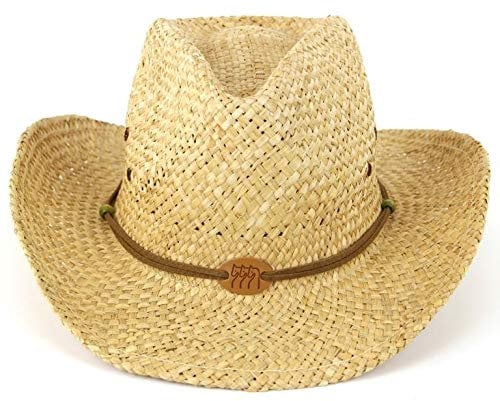 Hawkins Hats Straw Cowboy HAT with Leather Band Trim & Horses Badge Natural
