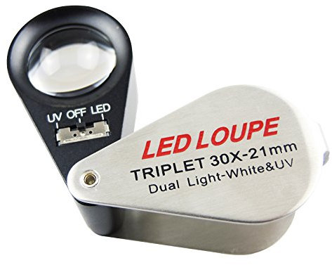 Juwelierlupe 30X Lupe mit Licht, Taschenlupe Metall Faltlupe mit LED- und UV-Licht für Diamanten, Juweliere, Münzen, Briefmarken
