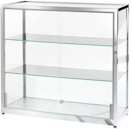 Certeo kaiserkraft | Vitrine | halbhoch | Höhe 910 mm | 2 Schiebetüren | BxT 1000 x 400 mm | hochglanzverchromt