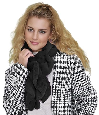 Lina & Lily Damen Winter Schal Halswärmer mit Rüschen aus Kunstpelz Fell (Schwarz)