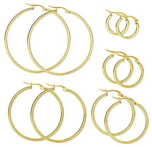 Lot de 5 paires de boucles d'oreilles anneaux en acier inoxydable, argent, or, or rose