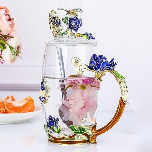 YUEMING Enamel Butterfly Rose Flower Glass, Coffee Mugs Tea Cup with Spoon, Birthday Christmas Gifts for Her Women Mum Friends Teacher Valentines Mothers Day (Blue +350ml)