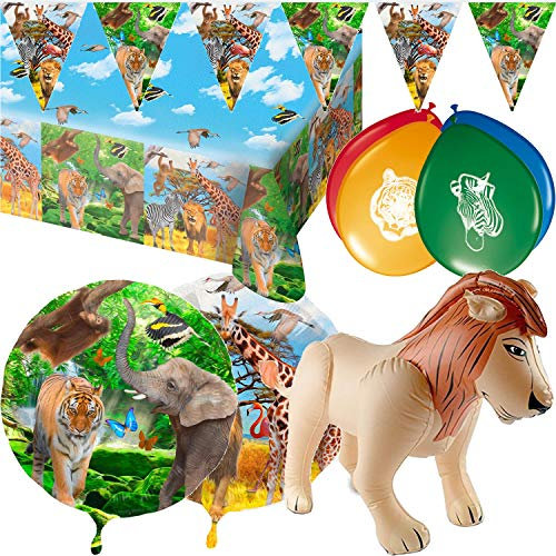 55-TLG. Deko-Set Safari für Kindergeburtstag und Motto-Party - mit Tischdecke + Wimpelkette + Folienballon + Luftballons + aufblasbarer Löwe + Luftschlangen - Kinder Dekoration Geburtstag Zebra