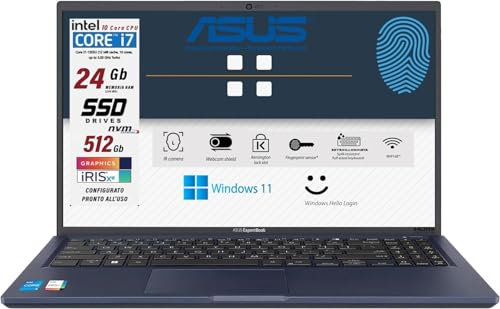 ASUS Expertbook, PC Portatile Notebook Intel i7 13Th 10 core da 5Ghz, RAM 24GB, SSD PCIe 512 GB, 15,6 FullHD, WiFi 6E, 4 USB, Face ID, fingerprint, tastiera retroilluminata, Win11, preconfigurato