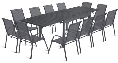 IDMarket - Salon de Jardin Poly Table Extensible 135-270 CM et 12 chaises Gris foncé