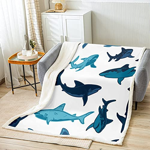 Loussiesd Tier Thema Decke 75x100cm Hai Muster Wohndecke Meereslebewesen Unterwasserwelt Microfaser Kuscheldecke für Jungen Mädchen Flanell Fleecedecke