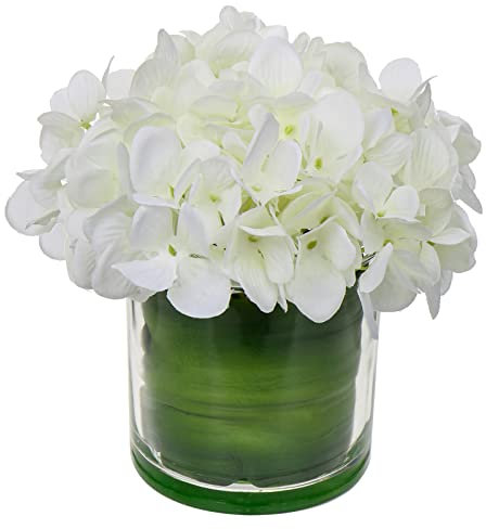 Oairse Kunstblumen mit 3 Hortensien in Glasvase Künstliche Hortensienblüten 3D-Druck Real Touch Künstliche Blumen wie echte Hortensien für Hochzeit, Zuhause, Hotel, Party, Blumenarrangement, Weiß