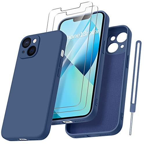 Qasyfanc HandyHülle für iPhone 13 Mini Hülle Silikon case mit 2 Stück schutzfolie, Ultra Microfiber TPU Flüssig silikon mit Kameraschutz Kratzfeste Rundumschutz Schutzhülle 5.4''-JewelBlue