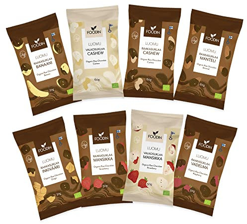 FOODIN Schoko Bites- 8 Sorten,ohne Zuckerzusatz, 100% Bio Choco Bites, Vegan Bites, Nüsse, Früchte, Beeren Süßigkeiten & Snacks, Ideal für Schokoladengeschenke - 8er Pack Rohschokolade, Gesamt 470g
