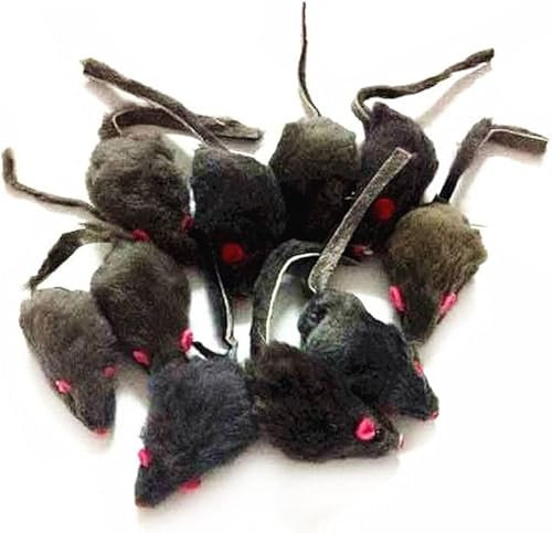 emours 12 Piece Pack Rattle Furry Mice Cat Toy Realistic Fur Mice Squeak Toys, Color Varies