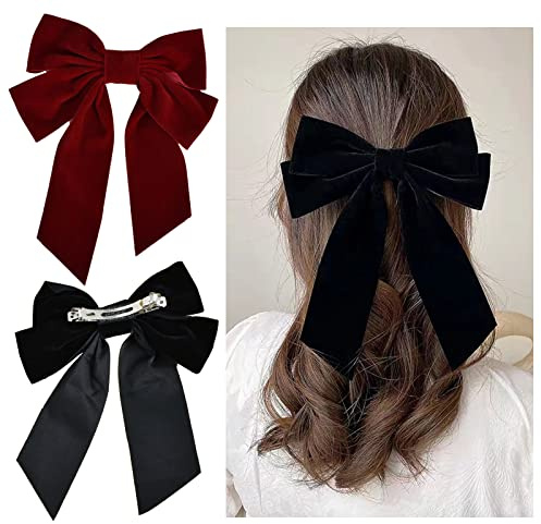 2 Big Hair Clip, Fermagli Per Capelli Con Fiocco, Copricapo in Velluto con Fiocco in Raso a Coda Lunga, Grande Fiocchi Capelli Nastro di Raso, Accessori per Capelli per Donne e Ragazze(Nero, Rosso)