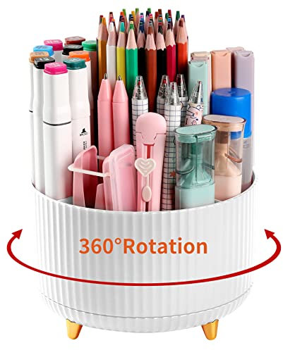 Pot à crayons de bureau, 5 emplacements rotatifs à 360 ° pour bureau, bureau, fournitures de papeterie, joli pot à crayons pour bureau, école, maison, fournitures artistiques, blanc