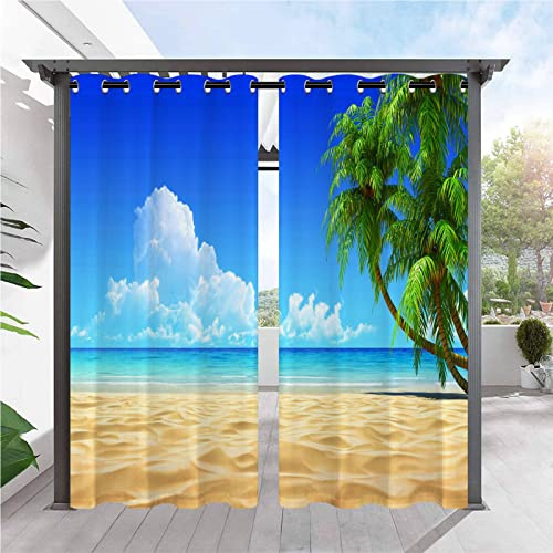 ANHOPE Tropisch Ozean Strand Palme Baum Outdoor Vorhänge mit Ösen Oben Wasserdicht Wetterfest Außen Vorhang für Balkon Terrasse Garten Pergola Pavillon Aussen Gardinen 2er Set B132 x H214 cm