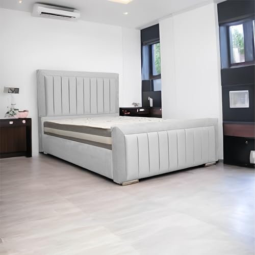 Living Comfort Bedz | Upholstered Sierra Bed | Elegant Plush Velvet headboard & Foot-board Design | ottoman Gas with lift-up storage double size bed frame (White, 4ft 6 Double gas Lift)