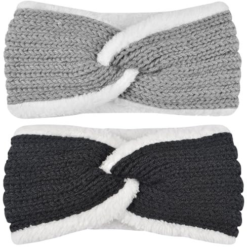 2 Pièces Bandeau Cheveux Femme Hiver Avec Doublure en Peluche Pour Oreilles, Dames/Filles (Noir - Gris)