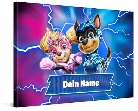 PICANOVA – PAW Patrol – Der Mighty Kinofilm Chase & Skye 60x40cm Premium-Leinwand-Kunstdruck – Leinwanddruck mit Babynamen – Personalisierte Leinwand – Baby–Geschenk Leinwandbild
