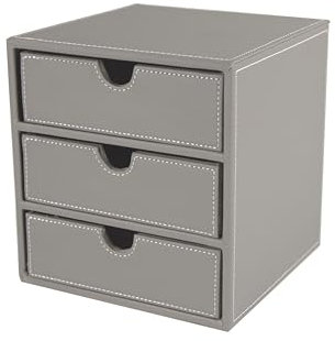 OSCO Grey Faux Leather 3 Drawer Chest | Small Item Storage | Stackable | Lego Container | Makeup Container | Jewellery Box | Stationery Organiser | Not A4 Size | H18.2 x W17 x D17 cm |