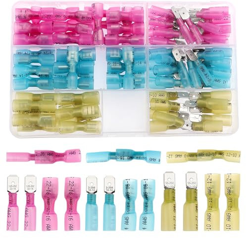 YIXISI 100 Pezzi Kit di Connettori Termorestringenti, Terminali a Crimpare Termorestringenti, Terminali per Cavi Elettrici Multiuso Impermeabili, Connettori Vanga Femmina e Maschio, 22-10 AWG