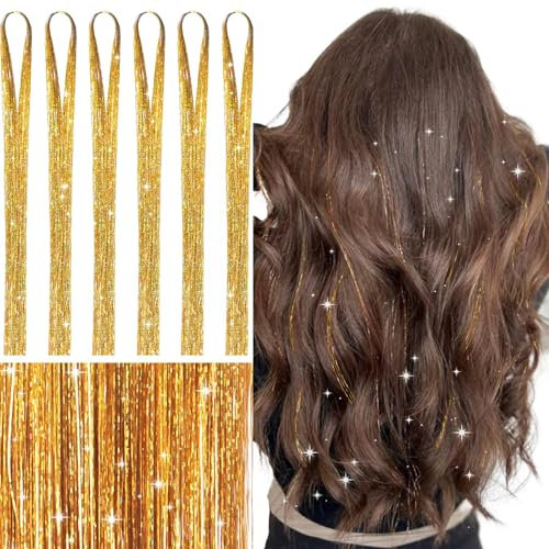 WENNALIFE Hair Tinsel, Gold 120CM Haar Lametta 1200 Glitzer Haarsträhnen Kit Glitzersträhnen für Haare Festival Party Haar Glitzer Tinsel Hair Fairy Hair für Mädchen