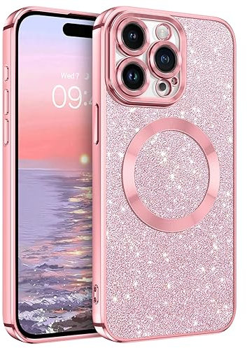 GaoBao for iPhone 15 Pro Max Phone Case, Slim iPhone 15 Pro Max Case [Compatible with MagSafe] Sparkle Luxury Shockproof Anti-Slip Women Girl Bling Phone Cover for iPhone 15 Pro Max 6.7, Glitter/Pink
