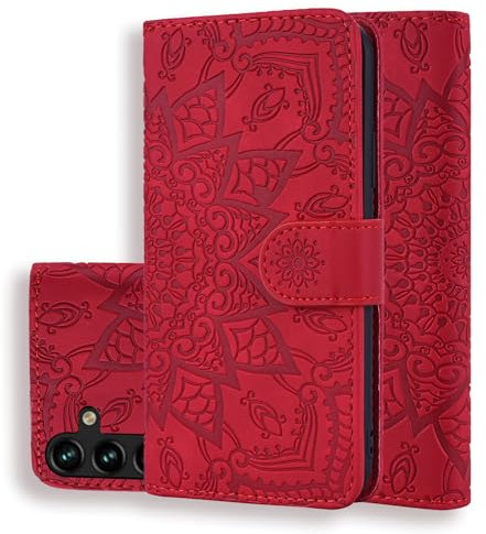 Vkooer Coque pour Samsung Galaxy A55 5G Premium Cuir PU étui Portefeuille à Rabat Housse Flip Case Cover Mandala avec Support et Porte Cartes pour Samsung A55 Smartphone - Rouge