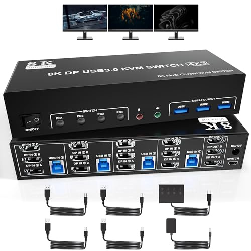 8K@60Hz USB3.0 DisplayPort KVM Switch 3 Monitore 4 Computer, DP1.4 Triple Monitor KVM -Switch mit Audio -Mikrofonausgabe und 3 USB3.0 -Anschluss, KVM Triple Monitor Tastatur Mausschalter für 4pc