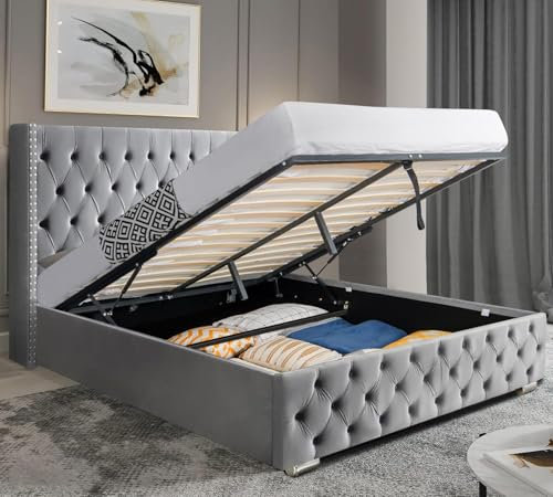 Blisswood Ottoman Storage Bed With Mattress, 4ft Small Double Upholstered Bed Frame, Ottoman Bed With Storage & Wooden Slats Small Double Bed Frame (4ft Small Double Bed With Mattress Include)