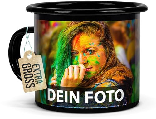 Tassendruck Schwarze Emaille-Tasse personalisieren mit Foto und Text - Geschenke für Camper, Camping Becher personalisiert, Emaille | Personalisiertes Geschenk, Bruchsicher, 480ml