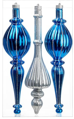 Oairse 40cm/16 Large Christmas Baubles 3 Pcs Big Blue Silver Christmas Finial Baubles Hanging Christmas Finial Drop Baubles Ornaments for Christmas Tree Decorations Holiday Wedding Party Xmas Decor