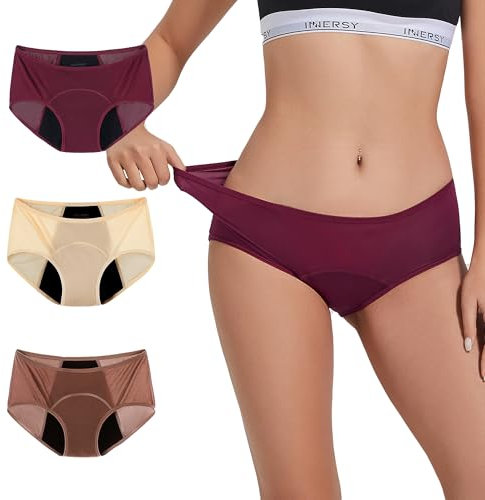INNERSY Perioden Unterwäsche Menstruation Slip Auslaufsicher Periodenunterhose Schutzslip 3er Pack (M, Beige/Tiefrot/Braun)