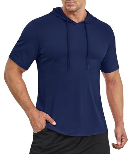 EKLENTSON Hoodies for Men Short Sleeve Pullover Workout Training Gym T Shirts Athletic Cotton Hooded Tops Navy,XL