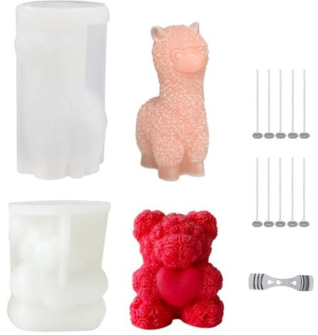 TZFJQO 2 Stück Kerzengießform Silikon, DIY Alpaka Silikonform, Rosen-Teddybär, Silikonformen Gießformen Tiere für Die Herstellung Von Kerzen, Aromasteinen, Schokolade DIY Dekoration