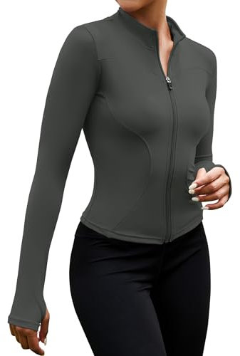 EFFAN Sportjacke Damen Yoga Sport Shirt Langarm Top Sportshirt Laufshirt Gym Jacke Eng Clothes Sportklamotten Joggen Running Laufjacke Dunkelgrau L