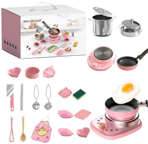 22 PCS Children's Real Cooking Mini Kitchen Toys, Kids Kitchen Playset Sets with Pots and Pans, Real Cooking Kitchen Pretend Toy, Kids Kitchen Toy Pots and Pans Pretend Play Gift for Girl Boy (Pink)