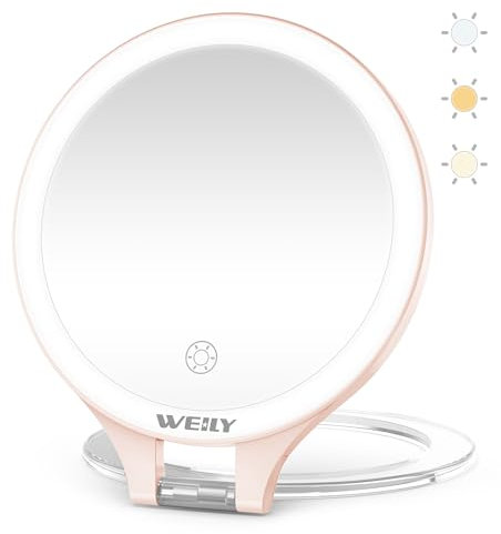 WEILY Miroir Maquillage Grossissant Lumineux 10X/1X, Double Face de Voyage, 3 Lumières de Couleur, Contrôle Tactile, Rechargeable Portable pour Chambre (Rose)